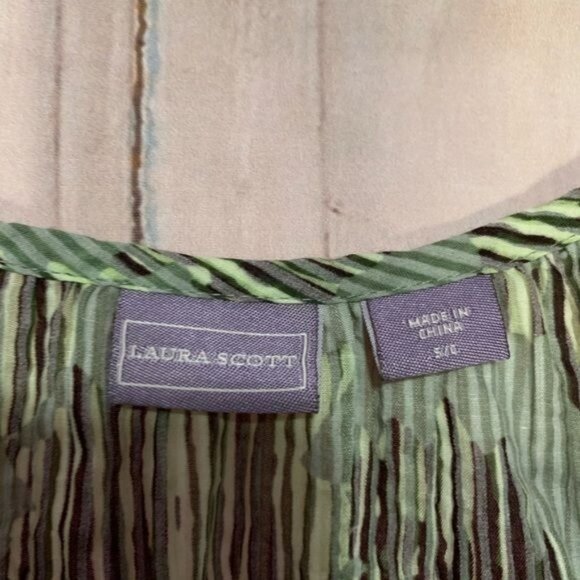 Laura Scott Womans S Green Black Gray Peasant Cap Short Sleeve Blouse Polyester - Picture 2 of 7